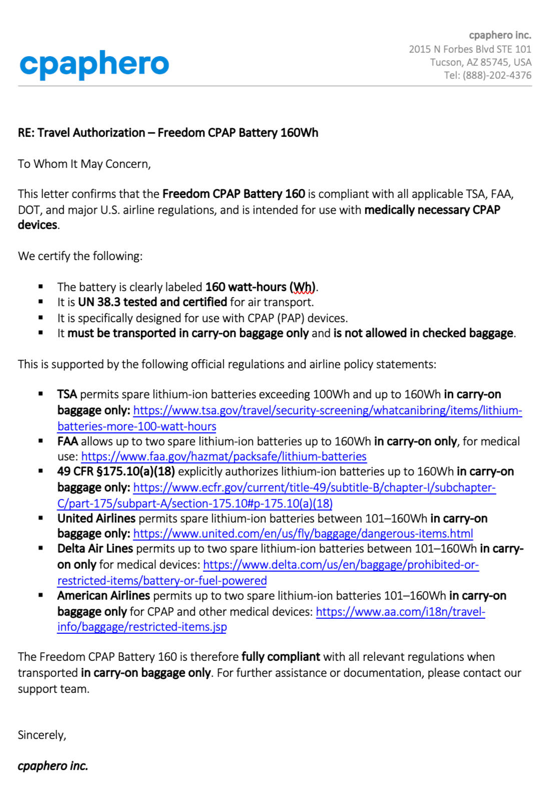 Travel Letter for cpaphero freedom CPAP battery 160 Travel Letter for cpaphero freedom CPAP battery 160